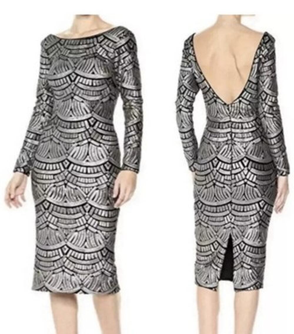 Dress The Population Emery Platinum Art Deco Sequin Bodycon Midi Dress Size XS